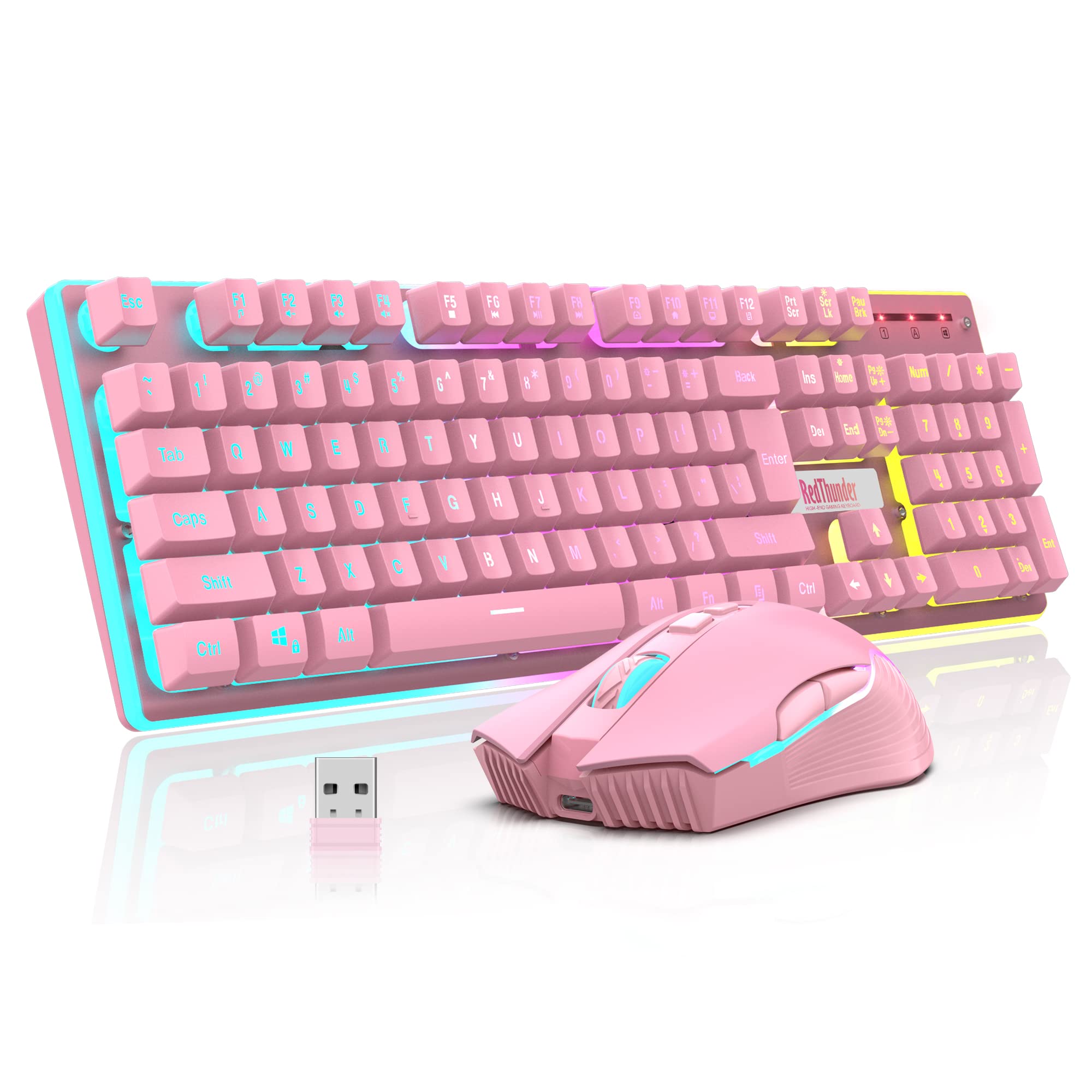 RedThunder K10 Wireless Gaming Keyboard and Mouse Combo, LED Backlit Rechargeable 3800mAh Battery, Mechanical Feel Anti-ghosting Keyboard + 7D 3200DPI Mice for PC Gamer (Black)