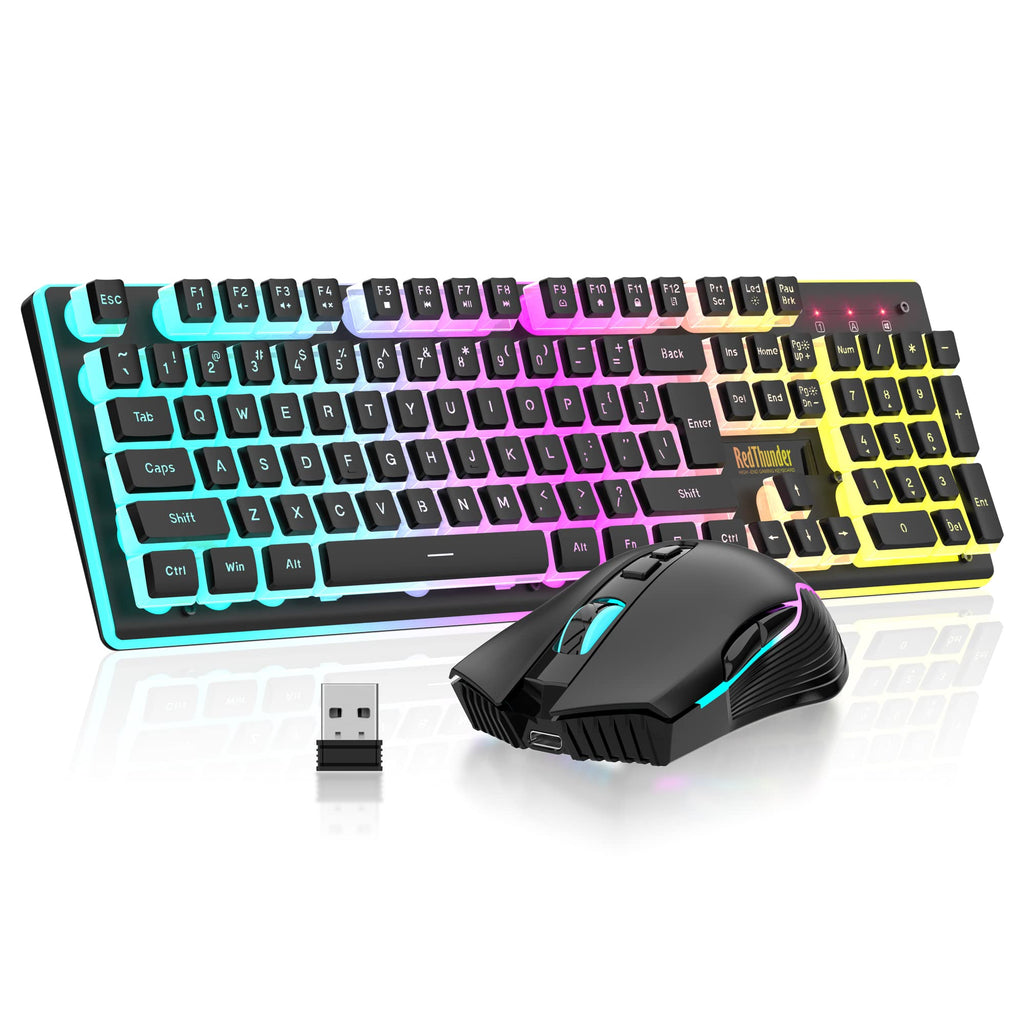RedThunder K10 Wireless Gaming Keyboard and Mouse Combo, LED Backlit Rechargeable 3800mAh Battery, Mechanical Feel Anti-ghosting Keyboard + 7D 3200DPI Mice for PC Gamer (Black)