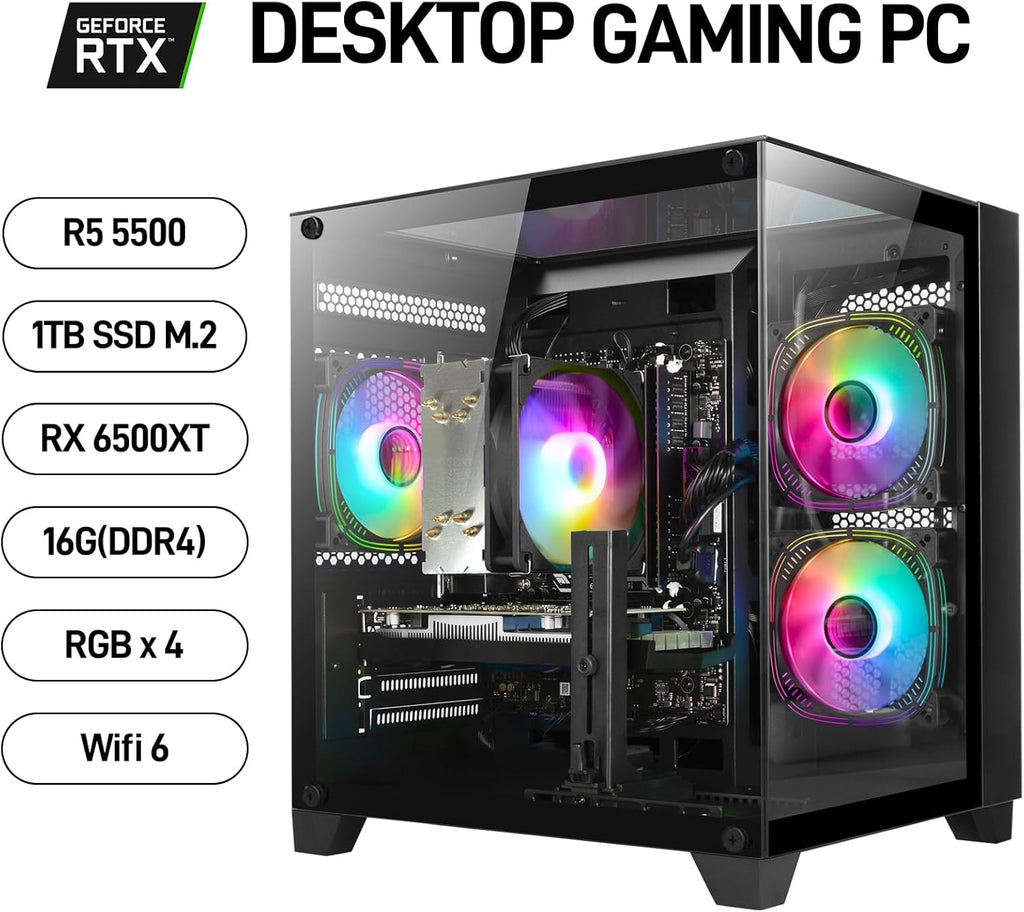 Gaming PC Desktop Computer - Ryzen 5 5500, Radeon RX 6500XT 4GB, 16GB DDR4 RAM, 1TB NVME SSD, Prebuilt Tower Computer (Black)