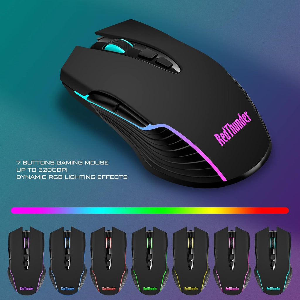 RedThunder K10 Wireless Gaming Keyboard and Mouse Combo, LED Backlit Rechargeable 3800mAh Battery, Mechanical Feel Anti-ghosting Keyboard + 7D 3200DPI Mice for PC Gamer (Black)