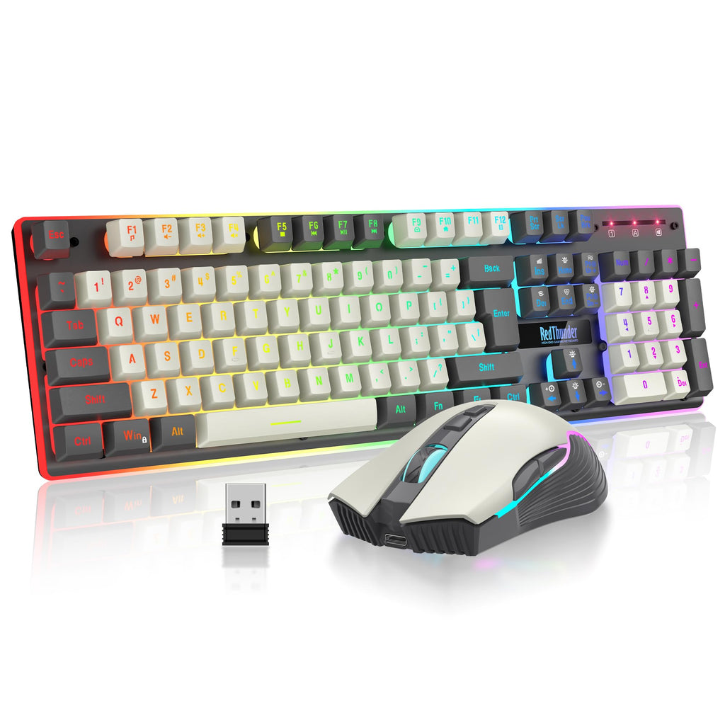 RedThunder K10 Wireless Gaming Keyboard and Mouse Combo, LED Backlit Rechargeable 3800mAh Battery, Mechanical Feel Anti-ghosting Keyboard + 7D 3200DPI Mice for PC Gamer (Black)