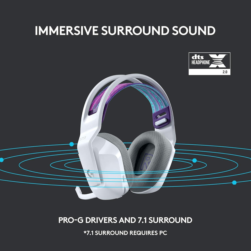 Logitech G733 Lightspeed Wireless Gaming Headset, Suspension Headband, Lightsync RGB, Blue VO!CE Mic, PRO-G Audio – White, Gaming Headset Wireless, PC, PS5, PS4, Switch Compatible