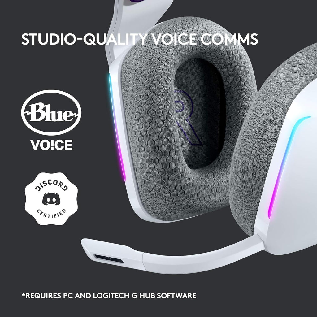 Logitech G733 Lightspeed Wireless Gaming Headset, Suspension Headband, Lightsync RGB, Blue VO!CE Mic, PRO-G Audio – White, Gaming Headset Wireless, PC, PS5, PS4, Switch Compatible